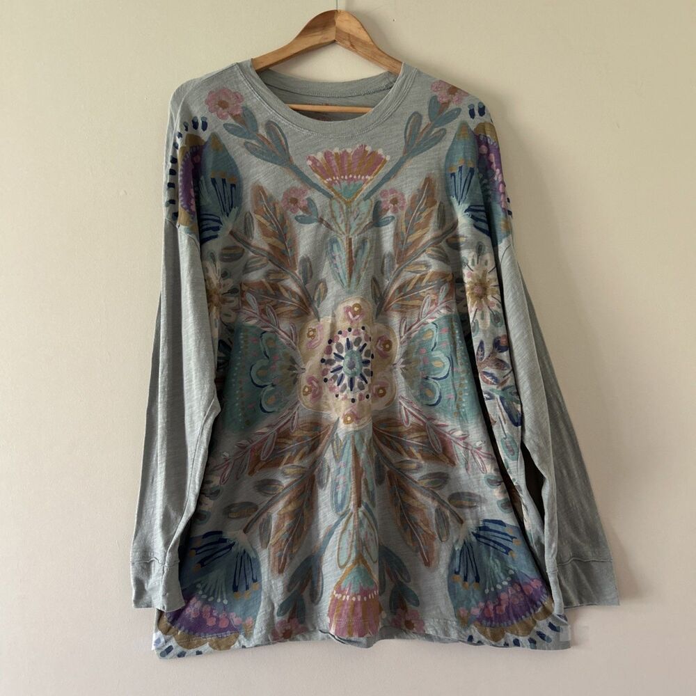 Natural Life Sage Floral Long Sleeve Top One Size Hand painted Boho Hippie